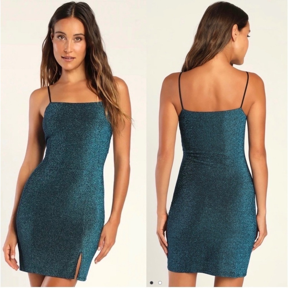 Lulus Blue Glitter Mini Dress Spaghetti Strap Square Neck NWT M Zipper‎ Broken